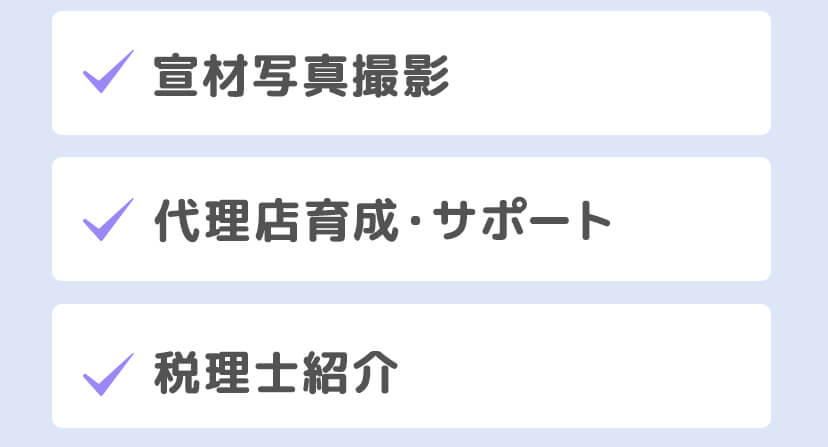 SNS運用・コンサルティング／オリジナルコンテンツ販売代行／宣材写真撮影／代理店育成・サポート／税理士紹介